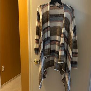 Almost Famous Striped Open-Front Sweater Cardigan in Cream, Brown & Pink